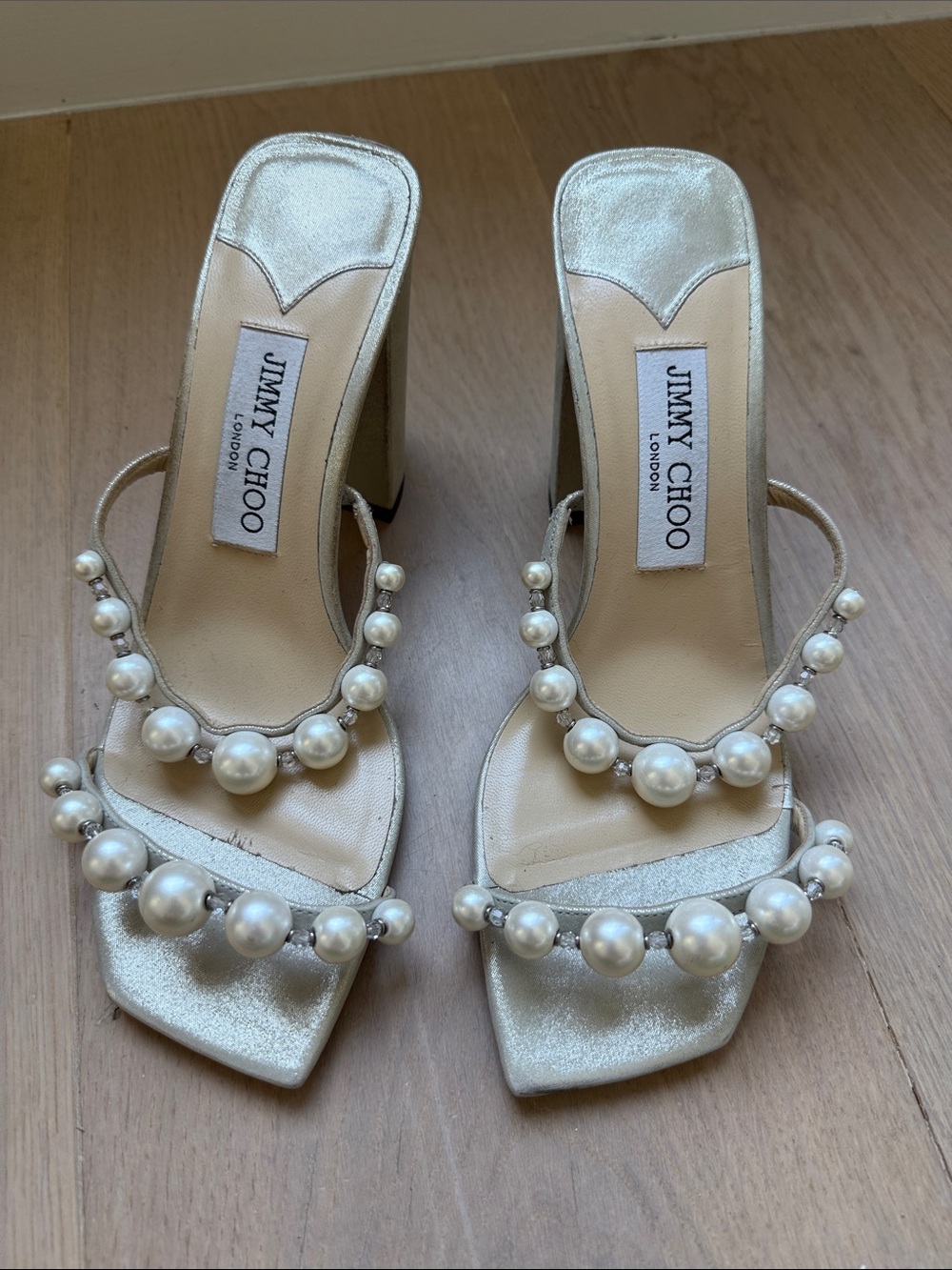 Jimmy Choo Silver Pearl-Trimmed Block Heel Sandals